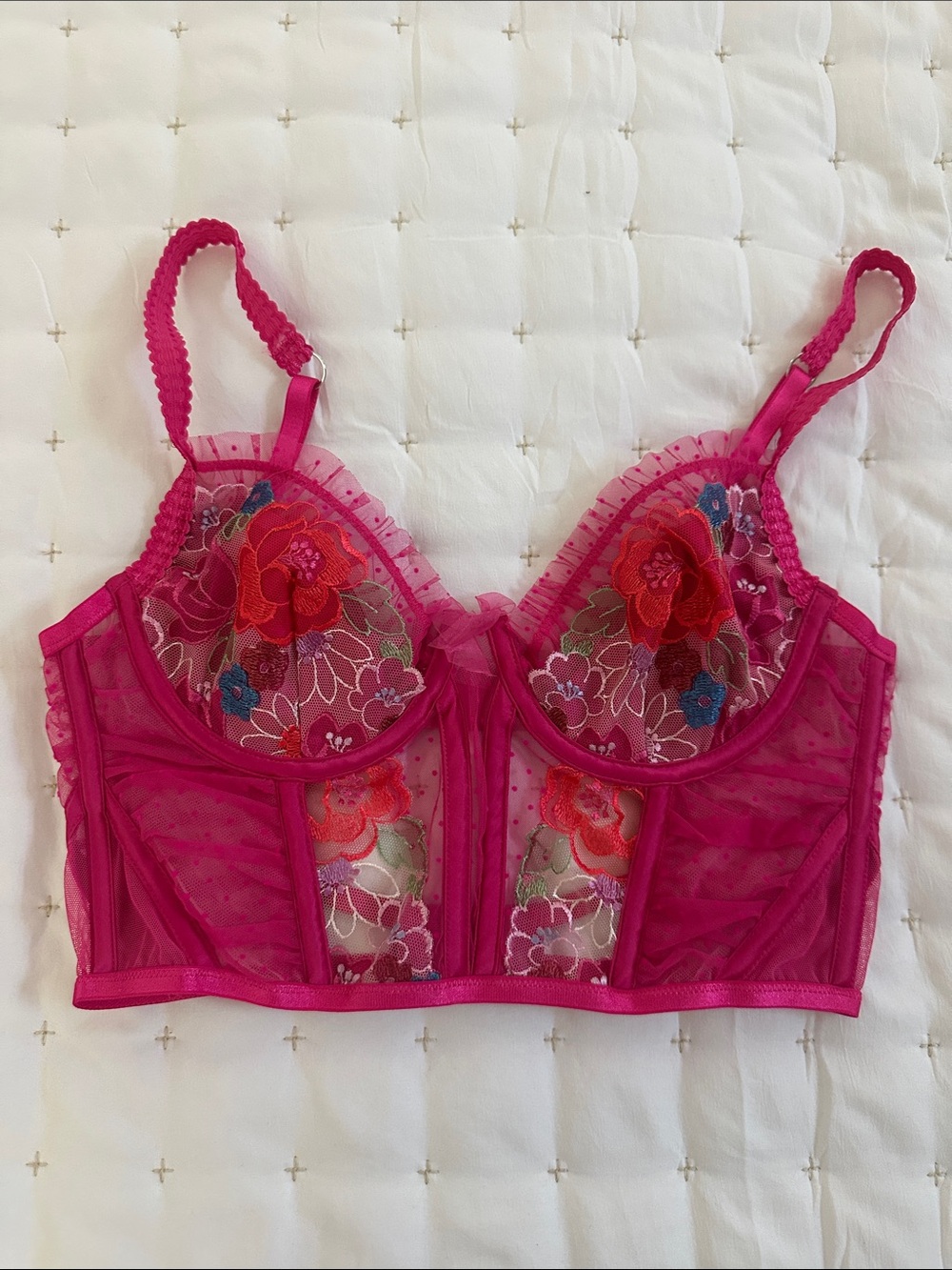 For Love & Lemons Fuchsia Sheer Embroidered Longline Bra